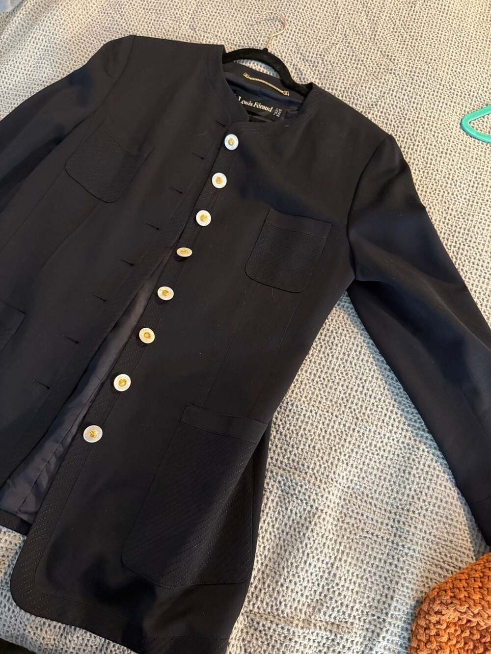 Louis Féraud Vintage Black Collarless Blazer Jacket with Gold-Tone Buttons